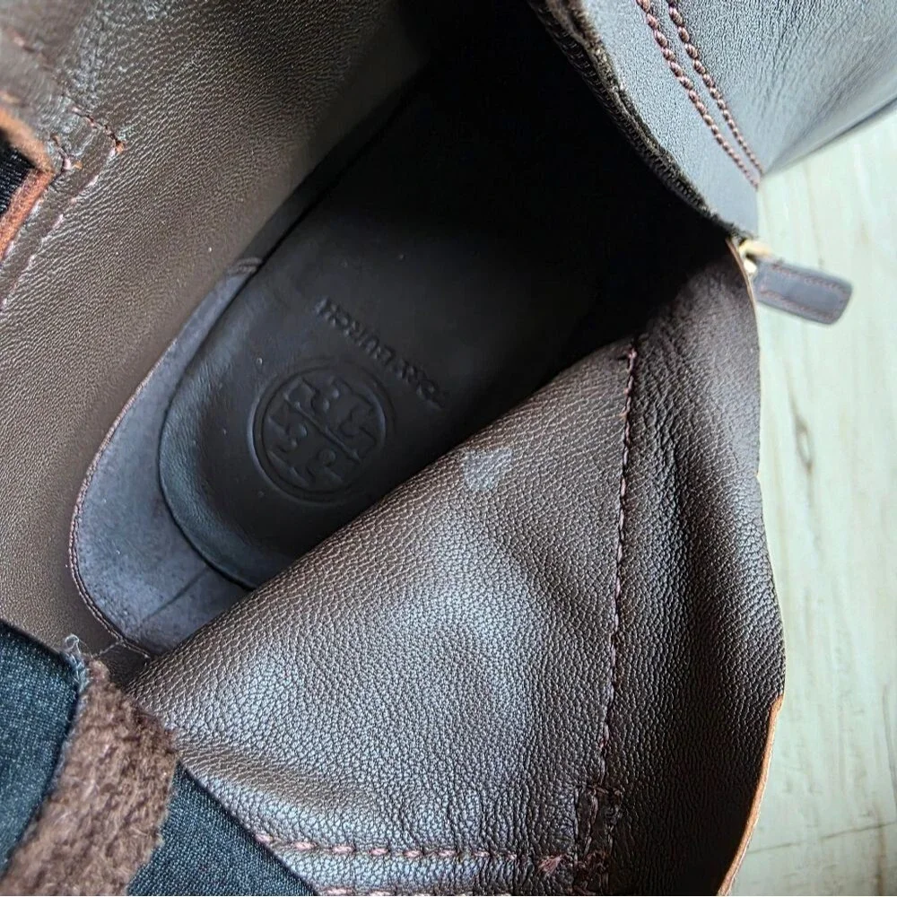 Tory Burch Wyatt Over-The-Knee Boot Brown Leather & Suede Gold Buckle 6M Riding